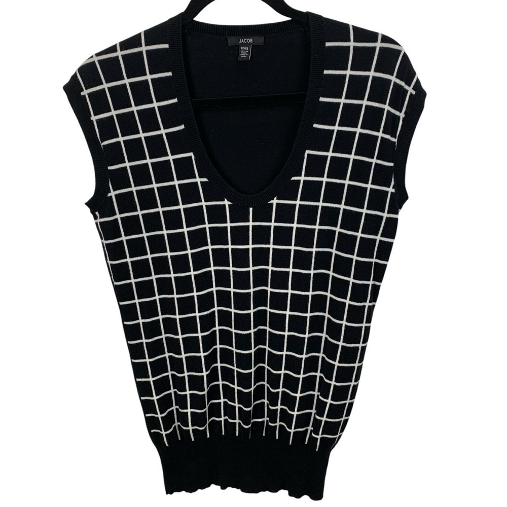 Jacob sz XS Black White Sweater Vest Windowpane Pattern V-Neck Pullover Graphic